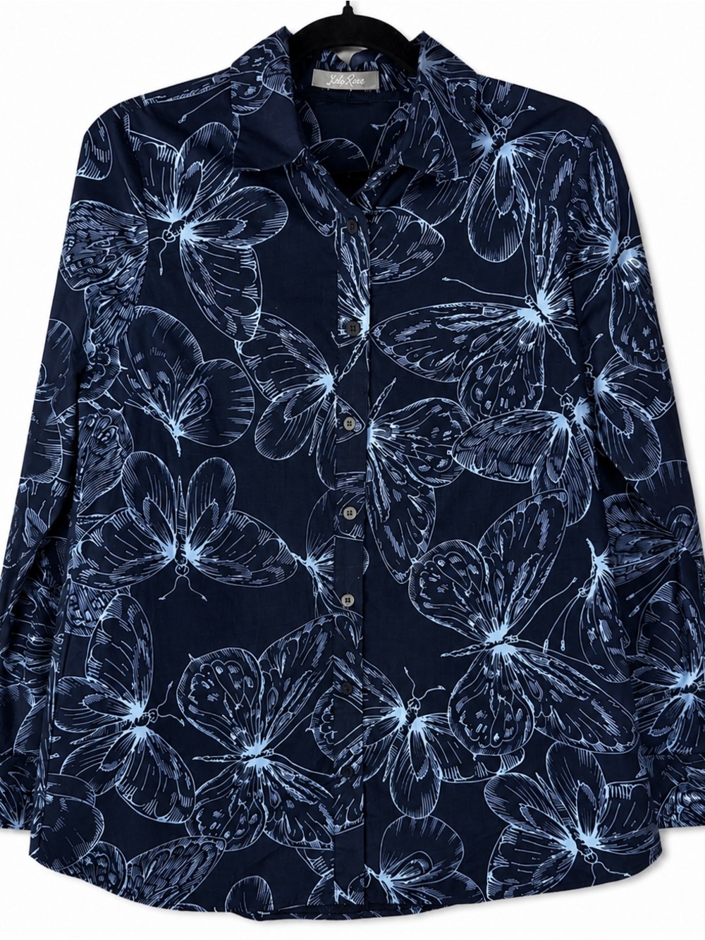 Lela Rose Butterfly Art Button Down Blouse Blue / Lt Blue Cotton Poplin Shirt 🦋